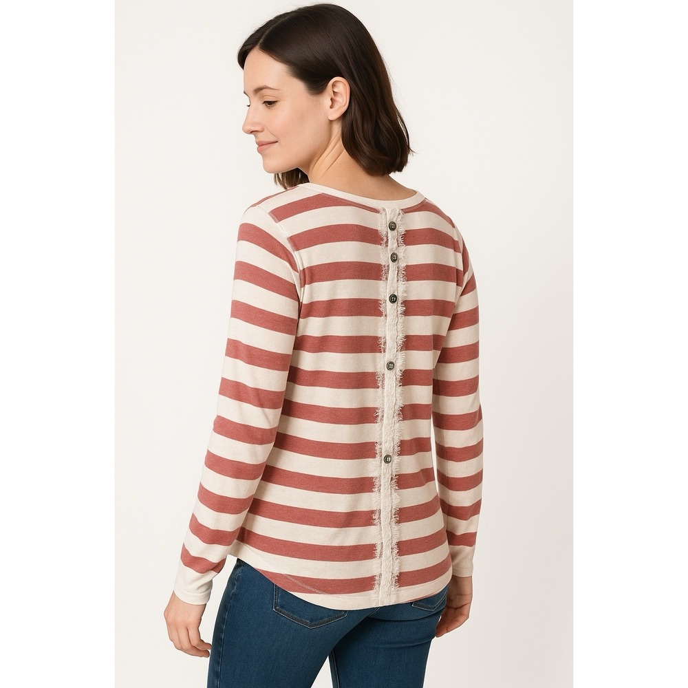 Jolt Women's Top‎ XL Long Sleeve Beige Red Striped Lace Button Back Preppy